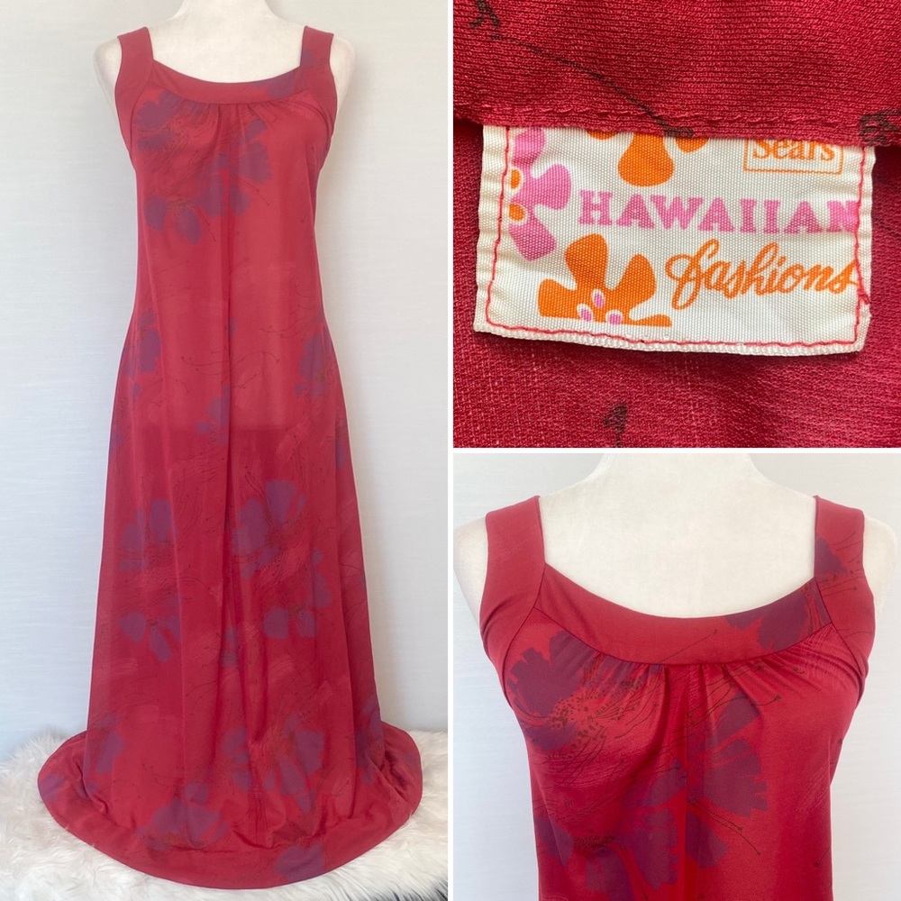 Vintage SEARS Hawaiian Red Floral Print Aloha 70s Maxi Gown Long Slip Dress - Picture 11 of 13